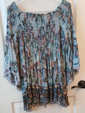 Nostalgia Light Blue Floral Boho Peasant Blouse
